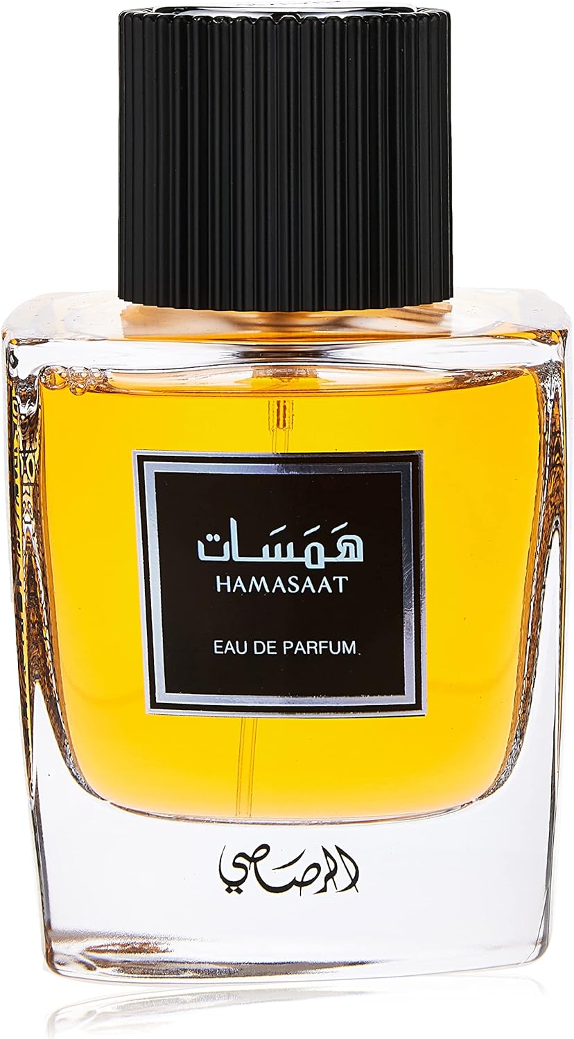 Rasasi Hamasaat EDP 100mlPerfumes & FragrancesCrafted with meticulous attention to detail, Hamasaat Perfume embodies the essence of luxury and sophistication. Show Notes: Saffron, Bergamot, Orange, Mint, Pink PepperHeart Notes: Sandalwood, Patchouli Wood